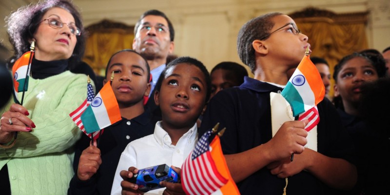 A photo of children attending the Obamas’ welcoming ceremony for Indian Prime Minister Singh in Washington.!''