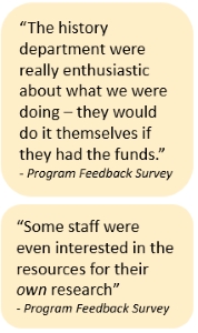“The history department were really enthusiastic about what we were doing – they would do it themselves if they had the funds.” Program Feedback Survey  “Some staff were even interested in the resources for their own research” - Program Feedback Survey