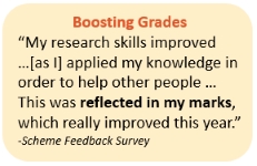 Boosting Grades “My research skills improved …[as I] applied my knowledge in order to help other people … This was reflected in my marks, which really improved this year.” -Scheme Feedback Survey