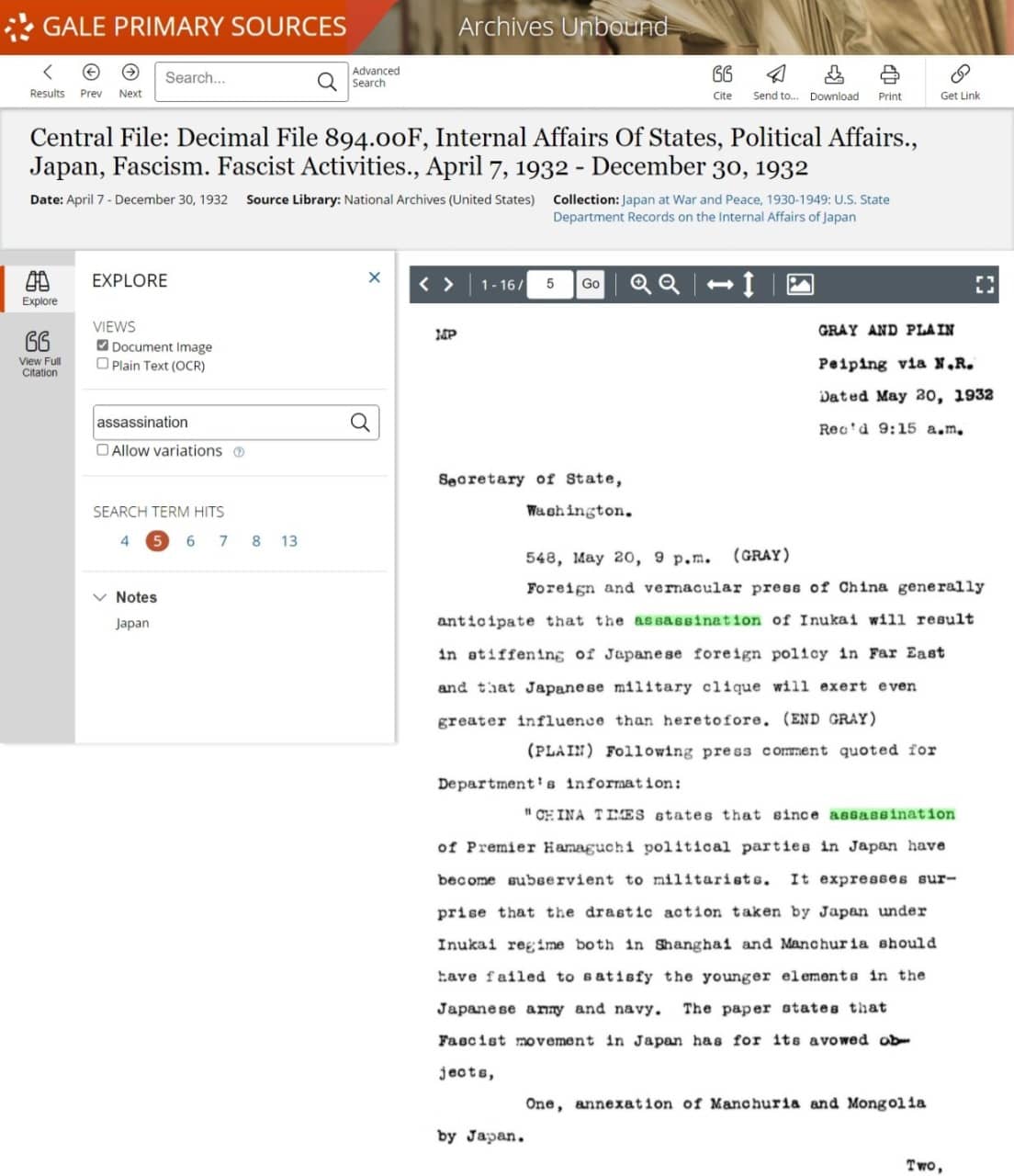 Central File: Decimal File 894.00F, Internal Affairs Of States, Political Affairs., Japan, Fascism. Fascist Activities., April 7, 1932 - December 30, 1932