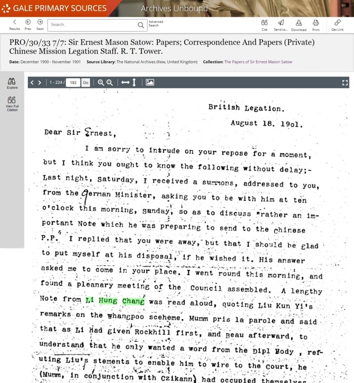 PRO/30/33 7/7: Sir Ernest Mason Satow: Papers; Correspondence And Papers (Private) Chinese Mission Legation Staff. R. T. Tower. December 1900 - November 1901. MS Papers of Sir Ernest Mason Satow. The National Archives (Kew, United Kingdom).