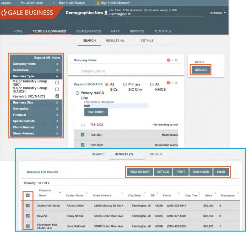 Use People & Companies tab to locate competitors, potential partner businesses, or generate lists of households within your geography.