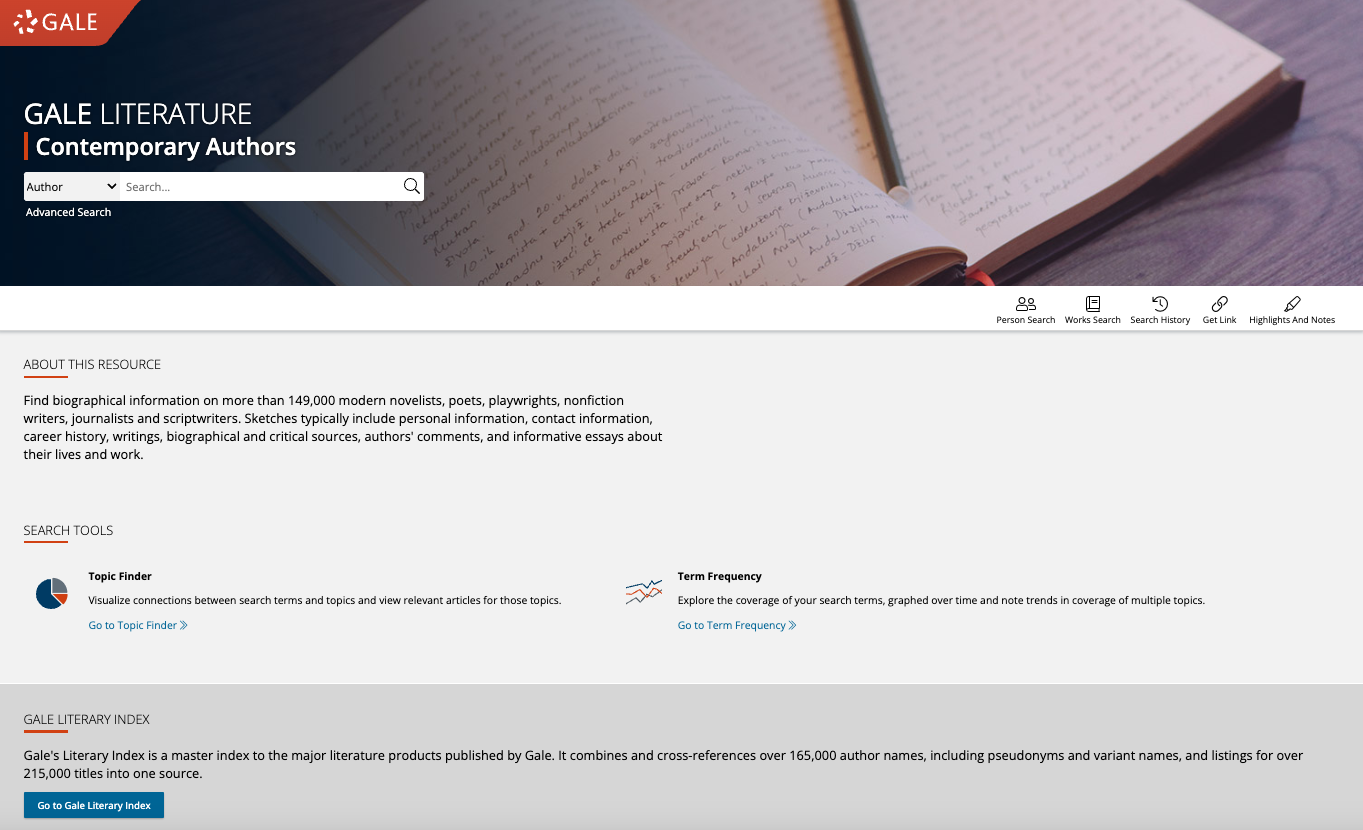 Gale Literature: Contemporary Authors home page screenshot