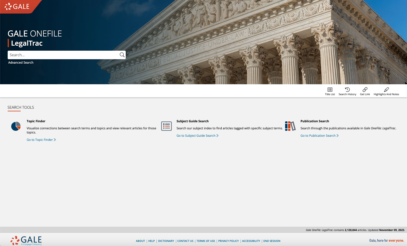 Gale OneFile: LegalTrac Home page
