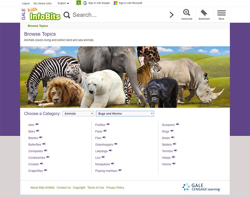 Kids InfoBits User Interface Browse Topics