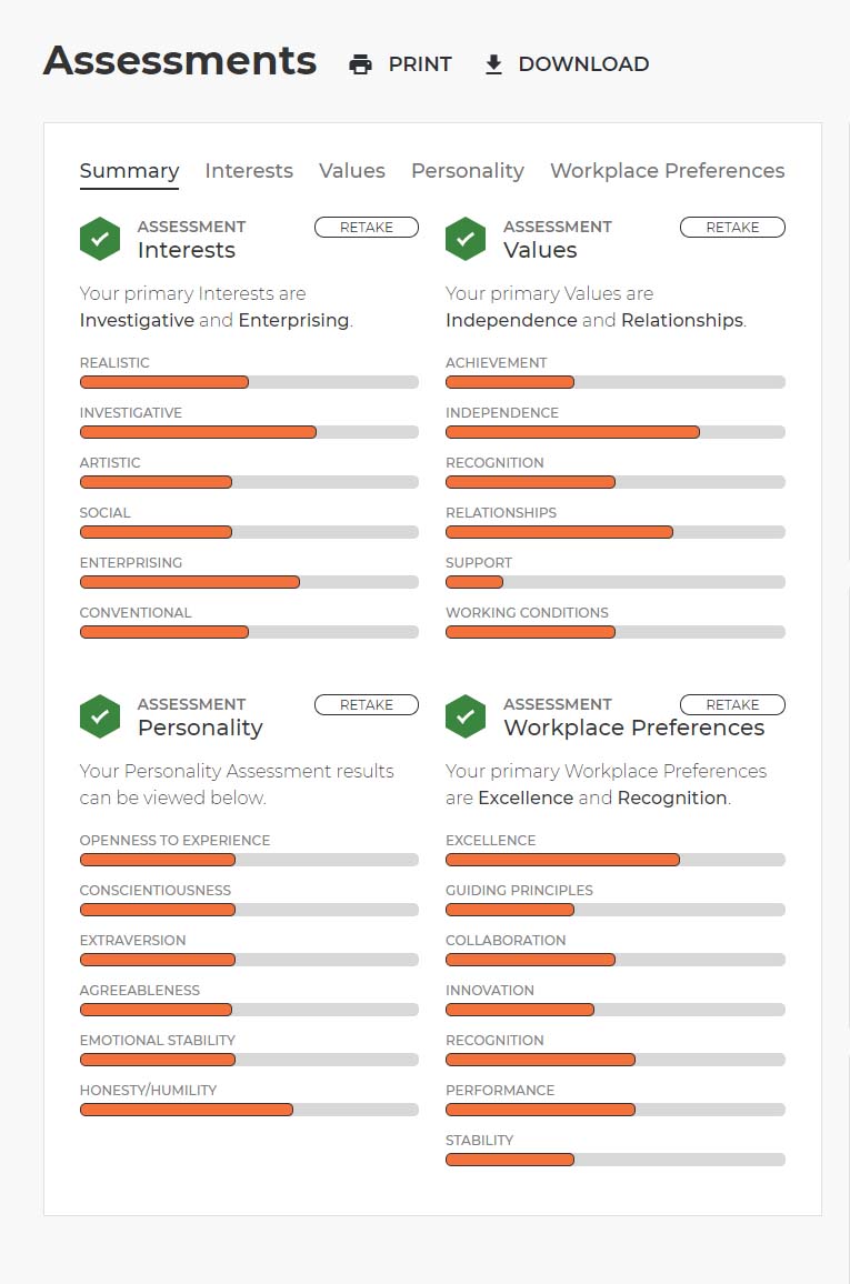 Four in-depth assessments align to the interests, values, personality, and workplace preferences of the user.