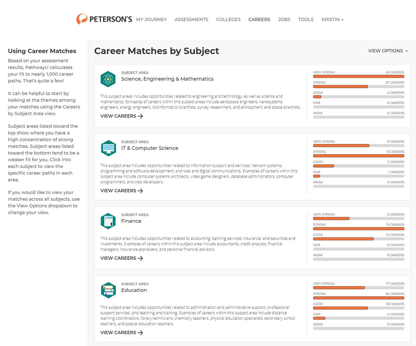 Assessment results drive personalized career recommendations.