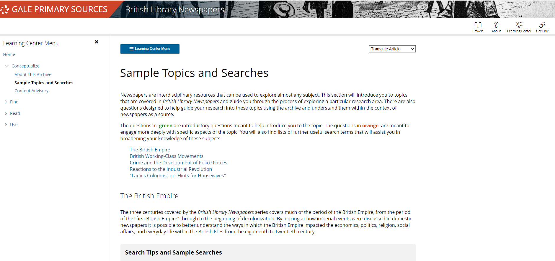 Screenshot of the Learning Center in British Library Newspapers