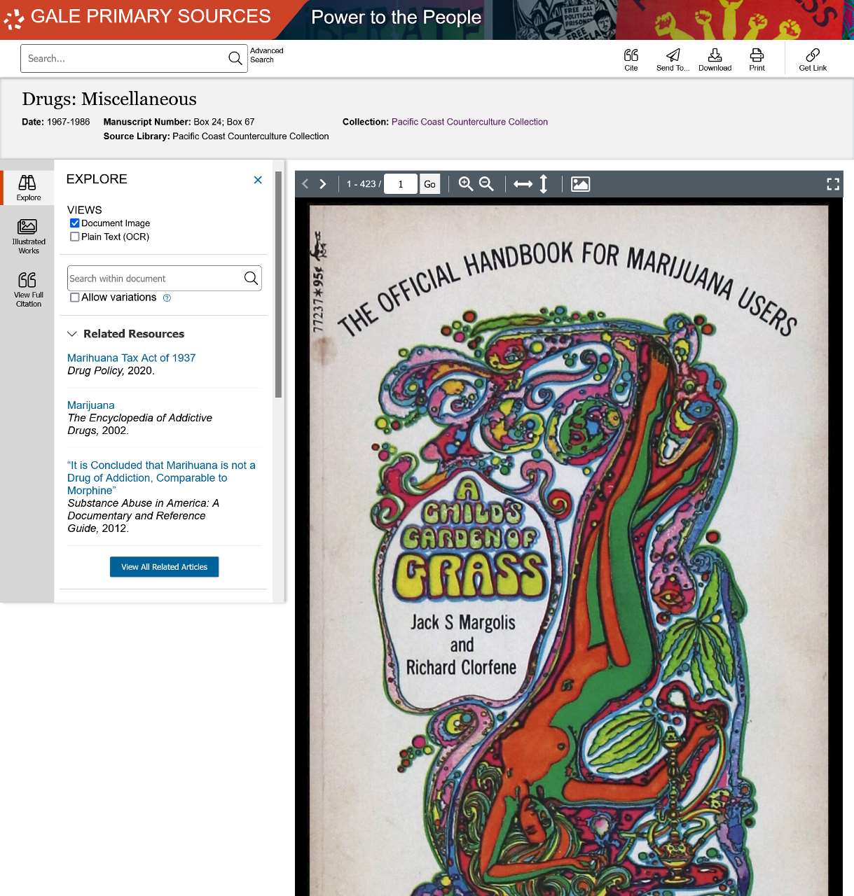 Drugs: Miscellaneous. 1967-1986. MS Pacific Coast Counterculture Collection Box 24; Box 67. Pacific Coast Counterculture Collection. Power to the People, link.gale.com/apps/doc/IKUTRZ664218498/POPC?u=asiademo&sid=bookmark-POPC&xid=e646eecb&pg=1.