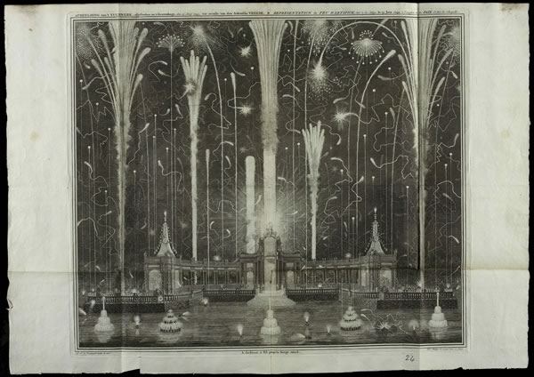 Plan of the firework display for 13 June 1749 in The Hague in celebration of the Treaty of Aachen/Aix-la-Chapelle to which the State General invited the Prince Stadthouder, the Princess Royal and the Foreign Ministers.  
All images © Reproduced by kind permission of The National Archives of the UK.