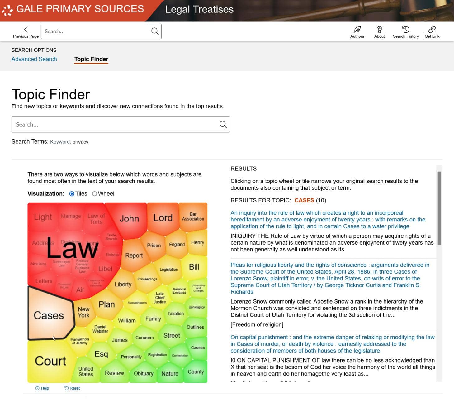 The Making of Modern Law: Legal Treatises, 1800-1926 のTopic Finder機能